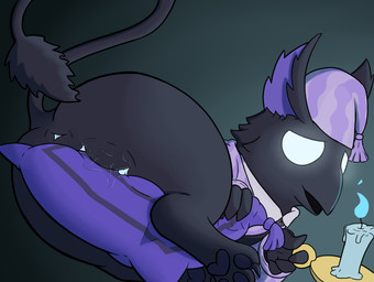 3_toes 4_fingers anthro anus barefoot beak biped black_beak black_body black_fur black_pawpads black_tail black_tail_tuft blue_anus bodily_fluids bottomless bottomless_anthro bottomless_female candle candlestick claws clitoris clothed clothed_anthro clothed_female clothing crossgender empty_eyes feet female female_anthro fingers fur genital_fluids genitals glowing glowing_eyes grinding hat headgear headwear hindpaw holding_candle holding_object looking_at_viewer looking_back looking_back_at_viewer masturbation mtf_crossgender narrowed_eyes nightcap open_beak open_mouth pajamas pattern_clothing pattern_hat pattern_headgear pattern_headwear pattern_topwear pawpads paws pillow pillow_humping purple_clothing purple_hat purple_headgear purple_headwear purple_inner_ear purple_pajamas purple_topwear pussy_juice_on_pillow raised_tail rear_view semi-anthro simple_background sleepwear solo tail tail_tuft toe_claws toes topwear tuft vaginal_fluids vaginal_fluids_on_pillow vulva white_eyes young young_anthro young_female cap'n deadlock_(game) mythology valve rem_(deadlock) avian chimera dream_creature gryphon mythological_avian mythological_creature 2026 hi_res