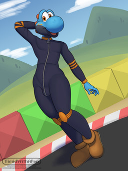 anthro bulge clothing footwear grass hill looking_at_viewer male open_mouth outside plant pose racetrack shoes sky solo standing suit tongue zipper timidwithapen mario_bros nintendo fan_character yoshi 3:4 digital_media_(artwork) hi_res