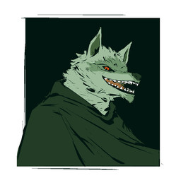 anthro black_background border clothing fur green_body green_clothing green_fur green_topwear looking_at_viewer male open_mouth open_smile red_eyes red_tongue simple_background smile snout solo teeth tongue tongue_showing topwear white_border kingarthur_i dreamworks puss_in_boots_(franchise) death_(puss_in_boots) canid canine canis mammal wolf 2023 digital_drawing_(artwork) digital_media_(artwork) half-length_portrait monochrome portrait spot_color
