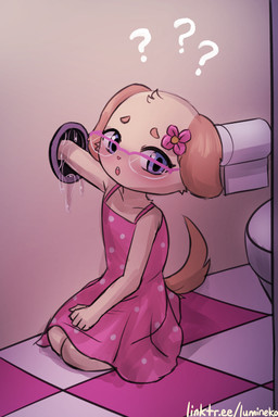 accessory ambiguous_fluids anthro blue_eyes blush clothed clothing dress eyewear female floor flower flower_in_hair fur glasses glory_hole hair hair_accessory pink_clothing pink_dress plant purple_eyewear purple_glasses question_mark solo tail tile tile_floor toilet toilet_paper young young_anthro young_female lumineko pixile_studios super_animal_royale curie_(garyd12) bird_dog canid canine canis domestic_dog golden_retriever hunting_dog labrador mammal retriever 2:3 absurd_res digital_media_(artwork) hi_res