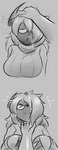 anthro blush breasts chin_scratch clothing disembodied_hand duo eyes_closed eyewear female flower glasses hair happy one_eye_obstructed open_mouth plant smile sweater topwear tetsushi nintendo pokemon fan_character layan_irfan absol generation_3_pokemon human mammal pokemon_(species) greyscale hi_res monochrome