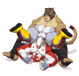 anthro anus butt cloth_ripping duo erection exposed genitals glans lucha_libre_mask luchador male male/male mask musclegut muscular nipples penis pose simple_background sports_mask sportswear suplex tail trapezius white_background wrestler wrestling wrestling_mask jumperbear kowan_(character) ricius_teck canid canine canis cougar domestic_dog felid feline husky mammal nordic_sled_dog spitz absurd_res hi_res pinup