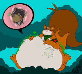 abdominal_bulge ambiguous_gender ambiguous_prey anthro anthro_pred anthro_prey armband belly belly_tuft big_belly blue_background blue_eyes blush brown_body brown_fur brown_hair buckteeth cutaway dipstick_ears duo ear_markings eyebrows female female_pred freckled_face freckles fur green_armband green_kerchief green_neckerchief grey_eyes hair hand_on_belly hand_on_own_belly healing_vore huge_belly hyper hyper_belly inside_stomach internal kerchief multicolored_ears neckerchief neckwear open_mouth open_smile oral_vore raised_eyebrows simple_background sitting smile tail teeth tuft vore dezzykitsune mario_bros nintendo pokemon dezzy_(dezzykitsune) sally_(skwovetops) canid canine fox generation_8_pokemon hybrid mammal orange_yoshi pokemon_(species) skwovet yoshi 2020 dated