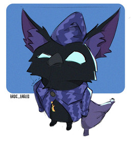 ambiguous_anthro ambiguous_gender anthro barefoot beak beak_closed big_ears biped black_beak black_body black_fur blue_eyes bottomless bottomless_ambiguous bottomless_anthro clothed clothed_ambiguous clothed_anthro clothing crescent_moon empty_eyes feet fur hat headgear headwear high-angle_view hindpaw holding_object holding_pillow moon mouth_closed narrowed_eyes nightcap open_clothing open_topwear pajamas pattern_clothing pattern_hat pattern_headgear pattern_headwear pattern_pajamas pattern_topwear paws pillow purple_clothing purple_hat purple_headwear purple_inner_ear purple_pajamas purple_topwear semi-anthro simple_background sleepwear solo standing text topwear basic_eagles_(artist) deadlock_(game) mythology valve rem_(deadlock) avian chimera dream_creature gryphon mythological_avian mythological_creature 2026 english_text