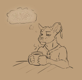 anthro coffee_mug ear_piercing furniture jewelry male necklace necklace_only nude piercing simple_background solo static table thought_bubble tired_eyes fek dungeons_and_dragons hasbro wizards_of_the_coast fekkri_talot cougar felid feline mammal tabaxi low_res monochrome sketch
