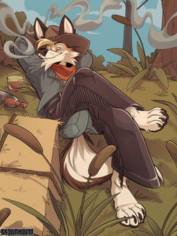4_toes alcohol anthro beverage blonde_hair blue_eyes bottomwear brown_body brown_fur chaps clothing container cowboy_hat crossed_arms crossed_legs cup denim denim_bottomwear denim_clothing drinking_glass feet fur glass glass_container glass_cup grass hair hands_behind_head hat headgear headwear jacket jeans looking_at_viewer lying lying_on_ground male on_back on_ground outdoor_background outside pants pink_inner_ear plant smoking solo toes topwear whiskey whiskey_bottle whiskey_glass white_body white_fur brownh0und canid canine canis coyote mammal 2026 digital_drawing_(artwork) digital_media_(artwork) hi_res
