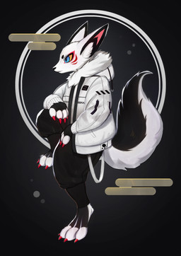 4_fingers 4_toes abstract_background anthro biped black_body black_bottomwear black_clothing black_fur black_pants blue_eyes bottomwear circle_eyebrows claws clothed clothed_anthro clothed_male clothing digitigrade eyebrows facial_markings feet finger_claws fingerless_(marking) fingers fur head_markings jacket knee_up male male_anthro markings pants paws red_claws red_markings side_view simple_background solo streetwear tail toe_claws toeless_(marking) toes topwear white_body white_clothing white_fur white_jacket white_topwear yellow_sclera soda_uyu canid canine fox mammal 2023 absurd_res hi_res