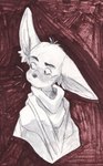 ambiguous_gender anthro big_ears clothing ear_tuft eyebrows listening looking_aside oversized_clothing pattern_background simple_background solo thick_eyebrows tuft whiskers marcie_montis mirah_(marcie_montis) ambiguous_species absurd_res hi_res traditional_media_(artwork)