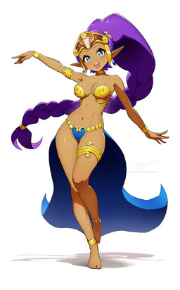 anklet armlet blue_eyes bracelet braided_hair braided_ponytail breasts choker ear_piercing eyebrows eyelashes feet female gold_(metal) gold_bracelet gold_jewelry hair humanoid_pointy_ears jewelry long_hair navel necklace not_furry piercing pointy_ears ponytail purple_hair solo thighlet revenant_(artist) shantae_(series) wayforward shantae genie humanoid 2026 hi_res