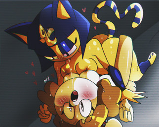 anthro big_butt blue_hair bodily_fluids breasts butt clothing duo egyptian egyptian_clothing egyptian_headdress female female/female fur hair heart_symbol ponytail saliva saliva_string serious serious_face small_breasts sweat yellow_body yellow_fur lilydrawsporn animal_crossing nintendo ankha_(animal_crossing) isabelle_(animal_crossing) canid canine domestic_cat felid feline felis mammal