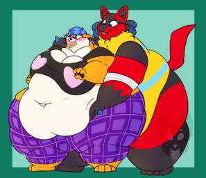 4_toes alternate_color anthro barefoot belly big_belly big_breasts biped black_clothing black_shirt black_t-shirt black_topwear blue_eyes blue_hair blue_spikes blue_stripes blush border bottomwear breasts cake clothing countershade_face countershade_fur countershade_neck countershade_torso countershading deep_navel dessert duo eating eating_cake eating_food eye_scar facial_markings facial_scar fat_arms fat_neck feeding feet female female_anthro food fur fur_tuft green_background green_border hair head_markings heart_print holding_cake holding_food holding_object huge_belly huge_breasts larger_anthro larger_male male male/female male_anthro markings mask_(marking) morbidly_obese morbidly_obese_anthro morbidly_obese_female morbidly_obese_male navel obese obese_anthro obese_female obese_male orange_body orange_ears orange_fur overweight overweight_anthro overweight_female overweight_male pants pawpads pink_blush pink_heart purple_bottomwear purple_clothing purple_pants red_body red_ears red_fur scar shirt simple_background size_difference smaller_anthro smaller_female stripes t-shirt toes topwear tuft weight_gain white_body white_countershading yellow_body yellow_fur yellow_tuft strawberrymilkdog nintendo pokemon glowie_(doughieglowie) koko_(zomb123) canid canine generation_4_pokemon lucario mammal pokemon_(species) procyonid raccoon hi_res watermark