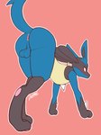 all_fours anthro anus ass_up backsack balls blue_balls blue_perineum blush butt dripponi embarrassed generation_4_pokemon genitals hi_res lucario male nintendo pawpads paws perineum pink_pawpads pokemon pokemon_(species) pose simple_background solo
