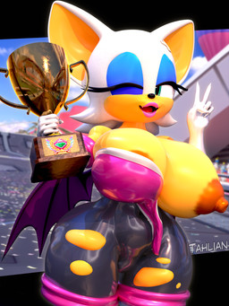 anthro areola big_breasts blue_eyes bodysuit breasts clothing erect_nipples female hair huge_breasts nipples one_eye_closed skinsuit smile solo tight_clothing torn_clothing white_hair wings wink tahlian sega sonic_the_hedgehog_(series) rouge_the_bat bat mammal 3:4 3d_(artwork) absurd_res digital_media_(artwork) hi_res