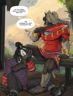 anthro black_body black_fur black_hair bodily_fluids bracelet claws clothing dreadlocks duo eyes_closed eyewear feet flaccid footwear foreskin fur genital_fluids genitals glasses gold_(metal) gold_jewelry hair humanoid_genitalia jewelry licking licking_footwear male male/male outside penis precum sandals shirt shoes speech_bubble toe_claws tongue topwear tunic taru_psd final_fantasy final_fantasy_xiv final_fantasy_xv square_enix wuk_evu felid hrothgar mammal hi_res