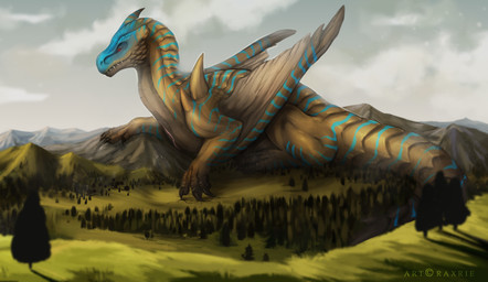ambiguous_gender cloud cloudy_sky cracks detailed_background feral giga landscape landscape_dwarfing long_tail lying macro mountain on_front plant red_eyes scales sky solo spikes spikes_(anatomy) striped_body stripes tail tree raxrie capcom monster_hunter grev_(greviste) flying_wyvern tigrex 2024 hi_res