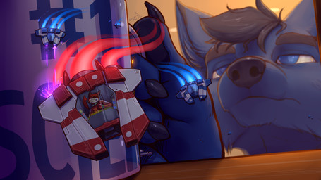 anthro battle blue_body blue_fur container cup fur male micro mug nano oblivious spacecraft vehicle nommz sky_lark canid canine fox mammal 16:9 2026 widescreen