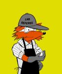 apron clothing eyewear goggles hat headgear headwear holding_whistle male referee safety_goggles simple_background solo whistle_(object) yellow_background flinn_scientific fox_e_flinn canid canine fox mammal absurd_res hi_res