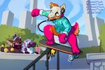 anthro beverage black_body black_fur black_sclera bone bottomless bubble_tea city city_background clothed clothing countershading ear_piercing ear_ring electronics feral floral_print fur glowing glowing_eyes gold_(metal) gold_jewelry group headphones jewelry loaf machine male mask orange_body orange_fur outside piercing pink_body pink_fur purple_body purple_fur ring_piercing shirt shirt_only skateboard skateboarding skull skull_mask solo_focus stunt topwear topwear_only trio vehicle white_body white_fur howzit_toyah canid canine canis domestic_dog fish hybrid mammal marine protogen shark hi_res