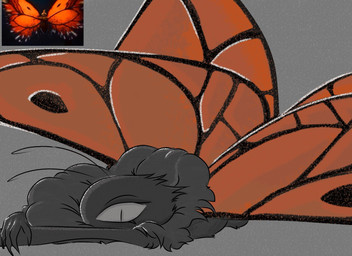 2_antennae 4_fingers 4_wings ambiguous_anthro ambiguous_gender anthro eyespots fingers grey_background grey_body insect_wings lepidopteran_wings lying markings multi_wing multicolored_wings nude on_front orange_wings pupils ruff simple_background small_pupils solo wings karkade disney hoppers_(disney) pixar titus_(hoppers) arthropod butterfly insect lepidopteran monarch_butterfly 2026 digital_media_(artwork) reference_image shaded