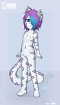 anthro blue_eyes blue_hair female flat_chested fur genitals hair looking_at_viewer multicolored_hair navel nipples nude pink_hair pussy solo standing white_body white_fur young young_anthro young_female dream_mirage felid mammal pantherine snow_leopard absurd_res hi_res