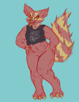 anthro bottomless claws clothed clothing crop_top featureless_crotch female hands_on_hips looking_at_viewer muscular muscular_female navel shirt smile solo spiral spiral_eyes suggestive suggestive_pose suggestive_shirt teeth teratophilia thick_thighs tongue topwear torn_clothing axentooth sabrina_(axentooth) canid canine fox mammal monster red_fox true_fox hi_res