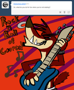 alternative_fashion anthro clothed clothing electric_guitar eyes_closed facial_piercing fangs fur grin guitar holding_guitar holding_musical_instrument holding_object male musical_instrument musical_note musical_symbol nose_piercing nose_ring piercing plucked_string_instrument punk red_body red_fur ring_piercing sharp_teeth smile solo string_instrument symbol tail tan_body tan_fur teeth toony topless tumblr_ask underbite wristband unknown_artist atlus go!_go!_hypergrind sega decker canid canine canis mammal wolf 2014