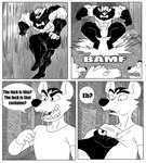 abs absurd_res anthro big_muscles bovid building bulge canid canine caprine clothing comic crocodile crocodilian crocodylid dialogue duo english_text falling footwear gabriel_(parttimeyeen) goat hi_res horn huge_muscles larger_male male mammal mask monochrome muscular muscular_anthro muscular_arms muscular_legs muscular_male muscular_thighs night parttimeyeen_(artist) profanity reptile scalie sharp_teeth shirt shoes size_difference superhero superhero_costume teeth text topwear