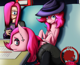 alternative_fashion blue_eyes clone clothed clothing female feral fur goth group hair hat headgear headwear looking_at_viewer night pink_body pink_fur pink_hair quadruped smile smiling_at_viewer square_crossover trio voramera equestria_girls friendship_is_magic hasbro my_little_pony pinkamena_(mlp) pinkie_pie_(mlp) equid equine horse human mammal pony hi_res
