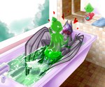 ambiguous_gender anthro bathroom_sex blush duo female female/ambiguous fur green_body green_water grey_body grey_fur hair hearts_around_head mirror naturally_censored nipple_tuft piledriver_position purple_hair sex sex_in_water tuft riron_blep lirmy riron_(riron_blep) bat goo_creature goo_humanoid humanoid mammal megabat 6:5 absurd_res hi_res