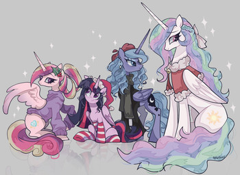 bell clothing ear_piercing ear_ring female female/female feral group hair_strands holly_(plant) hoodie horn legwear piercing plant ribbons ring_piercing scarf simple_background sparkles stockings topwear wings petaltwinkle friendship_is_magic hasbro my_little_pony mythology princess_cadance_(mlp) princess_celestia_(mlp) princess_luna_(mlp) twilight_sparkle_(mlp) equid equine mammal mythological_creature mythological_equine winged_unicorn hi_res