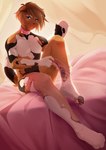 anthro clothing collar fur legwear male morning multicolored_body multicolored_fur pink_bed pink_collar pink_tights solo tights rikitoka canid canine canis domestic_dog mammal hi_res