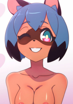 anthro areola black_hair blue_hair blush breasts female hair multicolored_hair nude one_eye_closed short_hair smile solo two_tone_hair tanquito brand_new_animal studio_trigger michiru_kagemori canid canine mammal raccoon_dog tanuki hi_res
