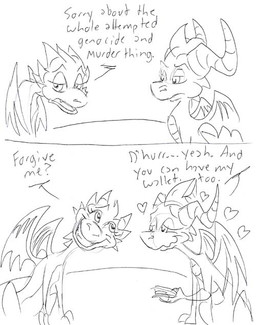 2_horns 6_horns asking_for_forgiveness dialogue duo eyelashes fantasy female female_feral feral frill_(anatomy) head_crest head_frill heart_symbol horn humor long_neck long_snout male male_feral manipulation membrane_(anatomy) membranous_wings multi_horn on_haunches quadruped scales smile snout talking_feral text ventral_scales wallet wings razzek activision european_mythology mythology spyro_the_dragon the_legend_of_spyro cynder spyro dragon mythological_creature mythological_scalie scalie western_dragon 2007 english_description english_text monochrome sketch unavailable_at_source