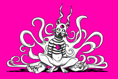 ambiguous_gender big_hands claws clothing crouching finger_claws flesh_tunnel half-closed_eyes hole_(anatomy) horn narrowed_eyes navel pattern_clothing pattern_shirt pattern_topwear sharp_teeth shirt solo spiral_horn striped_clothing striped_shirt striped_topwear stripes tail teeth tentacles topwear vertical_mouth ed_mortis humanoid 2019 3:2 digital_media_(artwork) low_res restricted_palette