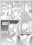 absurd_res anthro black_and_white canid canine cellphone clothed clothing comic dialogue door doorway ear_piercing electronics english_text fox hi_res inner_ear_fluff inside kif_yppreah kifyun2 looking_up male mammal monochrome phone piercing profanity simple_background smartphone solo speech_bubble text tuft walking
