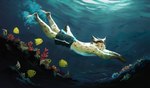 anthro brown_hair clothing diving hair male solo swimming_trunks swimwear underwater underwater_scenery water yellow_eyes novikjpg aidan_(sryer) eurasian_lynx felid feline fish lynx mammal marine 2023 hi_res