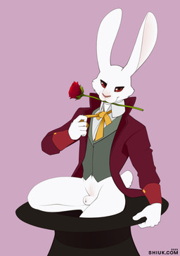 5_fingers animal_genitalia anthro biped black_sclera bottomless bottomless_anthro bottomless_male brown_nose cheek_tuft clothed clothed_anthro clothed_male clothing coat collared_shirt detached_sheath dress_shirt facial_tuft fingers flower flower_in_mouth front_view fully_sheathed genitals green_clothing green_topwear green_vest hat headgear headwear humanoid_hands iris long_ears looking_at_viewer male male_anthro mouth_hold navel necktie plant pose pupils purple_background purple_clothing purple_coat purple_topwear red_eyes rose_(flower) scut_tail sheath shirt short_tail simple_background smile smiling_at_viewer solo tail top_hat topwear tuft vest white_body white_clothing white_shirt white_topwear yellow_necktie shiuk the_night_of_the_rabbit marquis_de_hoto lagomorph leporid mammal rabbit 2025 absurd_res dated hi_res pinup portrait three-quarter_portrait