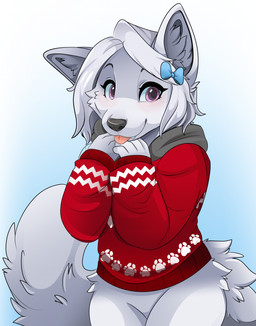 accessory anthro black_eyebrows blep blush bottomless bow_ribbon cheek_tuft clothed clothing eyebrows eyelashes facial_tuft female fingers fur grey_nose hair hair_accessory hair_bow hair_ribbon hoodie hoodie_only looking_at_viewer medium_hair monotone_body monotone_fur monotone_hair pink_eyes pink_tongue red_clothing red_hoodie red_topwear ribbons smile snout solo tail tongue tongue_out topwear topwear_only tuft white_body white_fur white_hair feve canid canine canis mammal wolf colored digital_drawing_(artwork) digital_media_(artwork) hi_res shaded