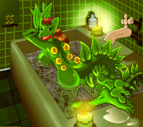 3_toes anthro anthrofied bath big_breasts blue_eyes breasts brown_hair candle claws detailed_background feet female foot_focus genitals hair hindpaw leaf looking_at_viewer non-mammal_breasts partially_submerged paws plant plantigrade pokemorph seductive smile solo text toes vulva water yellow_sclera conditional_dnp zp92 nintendo pokemon fan_character scepera elemental_creature flora_fauna generation_3_pokemon pokemon_(species) scalie sceptile digital_media_(artwork)