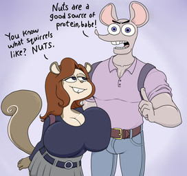 anthro belt big_breasts bite biting_lip blue_clothing blue_eyes blue_shirt blue_topwear bottomwear breast_squish breasts brown_body brown_fur brown_hair buckteeth bulge cleavage clothed clothing curled_tail denim denim_bottomwear denim_clothing dialogue duo eyelashes female fur grey_body grey_bottomwear grey_clothing grey_fur grey_skirt hair half-closed_eyes huge_breasts jeans male male/female muscular muscular_male narrowed_eyes pants purple_clothing purple_shirt purple_topwear shirt skirt squish tail teeth text topwear vendant beth_(vendoingo) rat_boyfriend_(vendoingo) mammal murid murine rat rodent sciurid tree_squirrel english_text hi_res