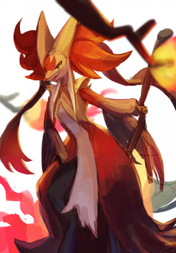 ambiguous_gender anthro fire fur inner_ear_fluff looking_at_viewer red_body red_eyes red_fur snout solo tuft white_body white_fur yellow_body yellow_fur tenebscuro nintendo pokemon pokemon_legends_z-a generation_9_pokemon mega_delphox mega_evolution pokemon_(species) 2025 hi_res