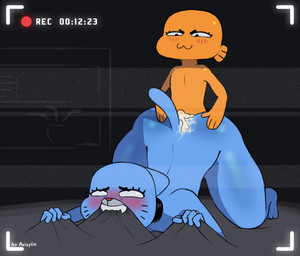 age_difference all_fours anthro ass_up big_butt bite blue_body blush bodily_fluids butt camera camera_view choker cum cum_inside cum_on_butt digit_ring dominant dominant_male duo engagement_ring eye_roll female from_behind_position front_view genital_fluids hand_on_another's_butt hand_on_butt interspecies jewelry male male/female mature_anthro mature_female mind_break naughty_face necklace older_anthro older_female orange_body pillow pillow_bite sex sharp_teeth simple_background size_difference submissive submissive_female teeth thick_thighs young younger_anthro younger_male avioylin cartoon_network the_amazing_world_of_gumball darwin_watterson nicole_watterson aquatic domestic_cat felid feline felis fish mammal adopted_(lore) mother_(lore) mother_and_child_(lore) mother_and_son_(lore) parent_(lore) parent_and_child_(lore) parent_and_son_(lore) pseudo_incest_(lore) son_(lore)
