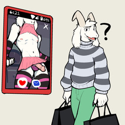 621_(number) aged_up anthro armwear athletic athletic_male bag bottomwear cellphone clothed clothing clothing_lift crossdressing electronics femboy fur genitals horn legwear male miniskirt nipples pants pattern_armwear pattern_clothing pattern_legwear pattern_sweater pattern_thigh_highs pattern_topwear penis penis_poking_out phone pink_clothing question_mark ruined_reputation shirt shirt_lift skirt solo striped_armwear striped_clothing striped_legwear striped_sweater striped_thigh_highs striped_topwear stripes surrogate_exposure sweater thigh_highs thong topwear underwear white_body white_fur jrjresq undertale undertale_(series) asriel_dreemurr boss_monster_(undertale) bovid caprine goat mammal 1:1 hi_res