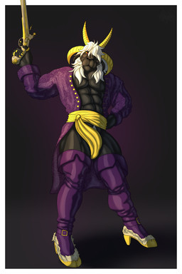 4_horns 5_fingers abs anthro black_body black_fur boots bottomless bottomless_anthro bottomless_male claws clothed clothing colored_nails crossdressing femboy fingers flintlock flintlock_pistol footwear fur gold_(metal) gold_nail_polish gold_nails gold_ring gold_rings gun hair hair_over_eye handgun high_heeled_boots high_heels horn jacket legwear male multi_horn muscular muscular_femboy muscular_male nails pecs pirate pistol pubes purple_clothing purple_jacket purple_topwear ranged_weapon red_eyes ring ring_(jewelry) sash shoes solo thick_thighs thigh_boots thigh_highs topwear weapon white_hair wide_hips yellow_sclera grungotharts kings_of_hell fan_character waay_(laziestsloth) bovid caprine demon goat mammal 2:3 absurd_res hi_res
