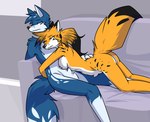 anthro arms_around_waist breasts brother_(lore) brother_and_sister_(lore) butt canid canine casual_nudity cuddling duo female fox furniture hand_on_back head_on_chest hi_res incest_(lore) inside lazy male male/female mammal marya meh nude raised_tail ryo_fox ryofox630 sibling_(lore) sister_(lore) sofa spread_legs spreading tail