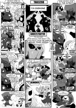 14_panel_comic ambiguous_gender angry answer anthro biped black_body black_nose black_text breasts clenched_teeth cross-popping_vein dialogue dot_pupils ellipsis exclamation_point eyes_closed eyewear female feral forehead_gem gem glasses group hair happy hug hugging_another looking_at_another male markings motion_lines mouth_closed open_mouth open_smile paws profanity pupils quadruped question question_mark questions_and_answers scared shadow sharp_teeth sitting slit_pupils smile sparkles speech_bubble tail talking_to_another teeth text text_box tongue tongue_out white_pupils white_sclera heavenlyproductions nintendo pokemon aquatic canid canine cinderace dewott eeveelution gallade generation_2_pokemon generation_4_pokemon generation_5_pokemon generation_6_pokemon generation_8_pokemon humanoid lucario mammal oshawott pokemon_(species) pumpkaboo riolu scorbunny shinx teddiursa umbreon weavile zoroark zorua 2025 absurd_res comic english_text hi_res monochrome
