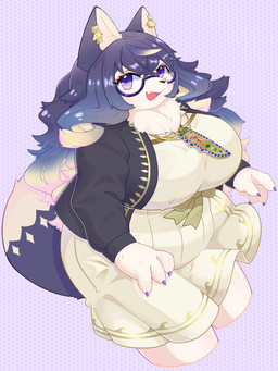 4_fingers anthro big_breasts black_clothing black_jacket black_nose black_topwear blue_hair bow_ribbon breasts claws clothing colored_nails dipstick_tail dress eyewear fangs female finger_claws fingers fluffy fluffy_tail fur glasses green_hair hair half-rim_glasses huge_breasts jacket knife_sheath looking_at_viewer markings multicolored_body multicolored_fur multicolored_hair nails neck_tuft open_mouth overweight overweight_anthro overweight_female pink_hair purple_body purple_eyes purple_fur purple_hair smile snout solo tail tail_markings tan_dress teeth thick_thighs three-quarter_view tongue topwear tuft two_tone_body two_tone_fur white_body white_fur yuebandaozhang lifewonders tokyo_afterschool_summoners hecate_(tas) canid canine canis domestic_dog mammal 3:4 hi_res portrait three-quarter_portrait