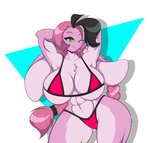 abs anthro big_breasts big_ears bikini breasts cleavage clothed clothing female fur hair hands_behind_head looking_at_viewer multicolored_hair muscular muscular_anthro muscular_female one_eye_closed pink_body pink_fur pink_hair ponytail smile smiling_at_viewer solo swimwear thong two-piece_swimsuit underwear wink mastergodai rascals reiko_usagi lagomorph leporid mammal rabbit hi_res