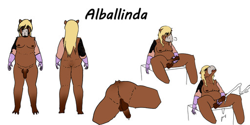 3_toes anthro arm_tattoo backsack balls bangs blonde_hair bodily_fluids breasts brown_balls brown_body brown_eyes brown_penis clenched_hands cum cum_on_ground cumshot ejaculation feet genital_fluids genitals gynomorph hair intersex long_hair masturbation nipples penile penile_masturbation penis prosthetic prosthetic_arm prosthetic_limb retracted_balls shaved_arms short_tail solo tail tattoo toes zerokyu3 alballinda capybara caviid mammal rodent 2:1 absurd_res hi_res model_sheet trans_(lore) trans_woman_(lore)
