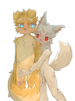 anthro arm_tuft balls blue_eyes blush blush_lines bodily_fluids body_blush chest_tuft claws countershading crotch_tuft duo eye_scar eyebrows facial_scar facial_tuft finger_claws floppy_ears fluffy fluffy_tail fur genitals grey_nose humanoid_genitalia humanoid_penis inner_ear_fluff kemono male male/male male_anthro multicolored_body multicolored_fur navel nude_anthro nude_male penis penis_blush pink_inner_ear pink_inner_ear_fluff pointy_ears red_eyes scar shoulder_tuft simple_background standing sweat sweatdrop tail tan_balls tan_body tan_eyebrows tan_fur tan_penis tuft two_tone_body two_tone_fur white_background white_balls white_eyebrows white_penis yellow_body yellow_fur young young_anthro young_male young_on_young regcron crowl_(regcron) canid canine canis domestic_dog felid feline mammal 2026 hi_res portrait